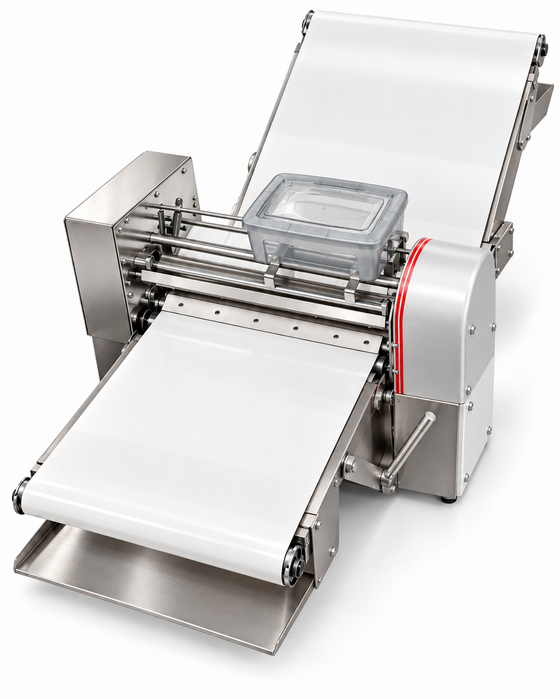 Laminadora de mesa EQUICHEF LMM-160 con bandas transportadoras de PVC y rodillos de acero, vista lateral.