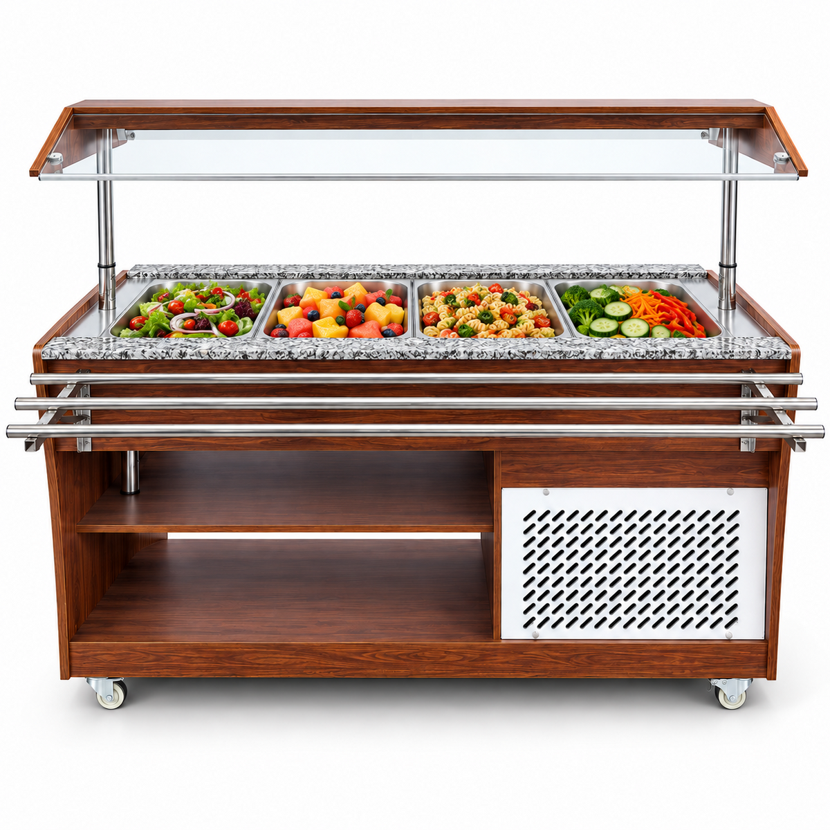 Mesa buffetera refrigerada MIGSA RTS-1490L con alimentos en 4 insertos