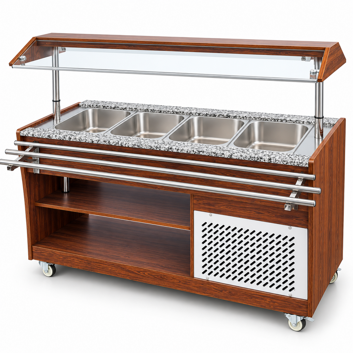 Mesa buffetera refrigerada MIGSA RTS-1490L vista secundaria con cubierta de granito y ruedas