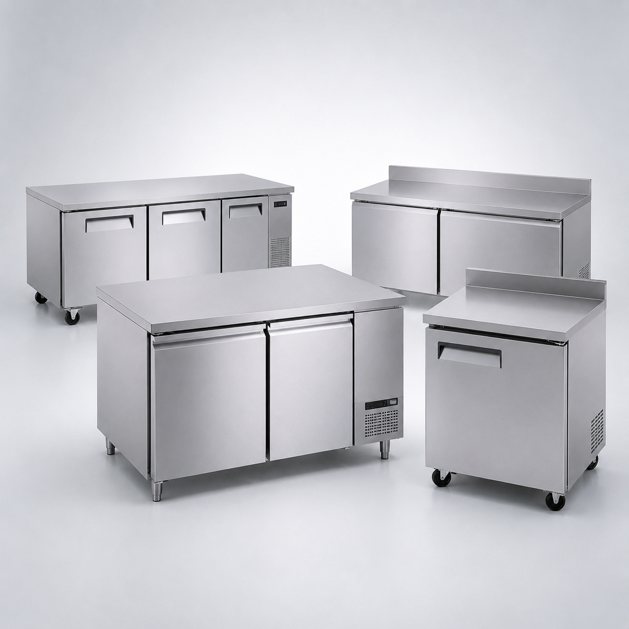 Mesas refrigeradas de trabajo de acero inoxidable para conservar ingredientes y preparar alimentos en cocinas profesionales.