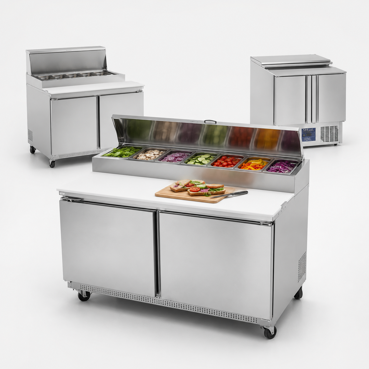 Mesa fría de acero inoxidable para preparar pizzas, ensaladas y alimentos en cocinas profesionales.