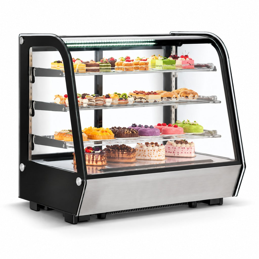 Vitrina refrigerada MIGSA CW-235R de 288 litros, cristal curvo y 4 niveles, con repostería sobre fondo blanco; fotografía principal