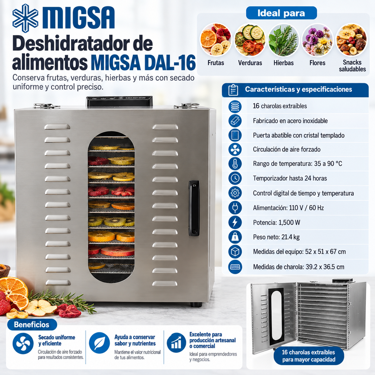 Infografía del deshidratador de alimentos MIGSA DAL-16 con especificaciones y beneficios
