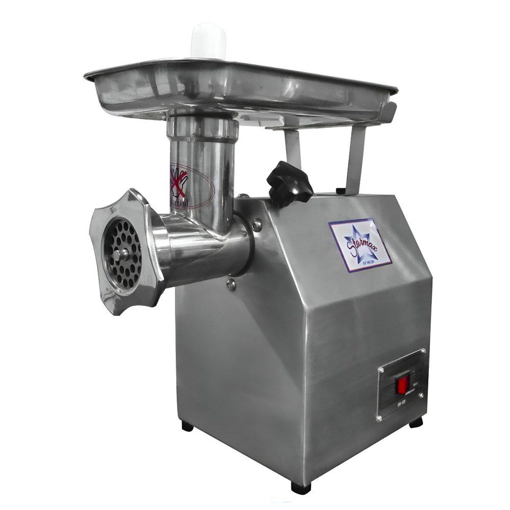 Molino de carne comercial MIGSA DQ-12 de acero inoxidable, 1.1 HP, cabezal número 12, vista frontal