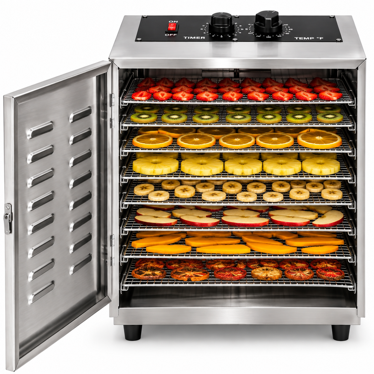 Deshidratador MIGSA FD-1 con puerta abierta y frutas distribuidas en sus charolas