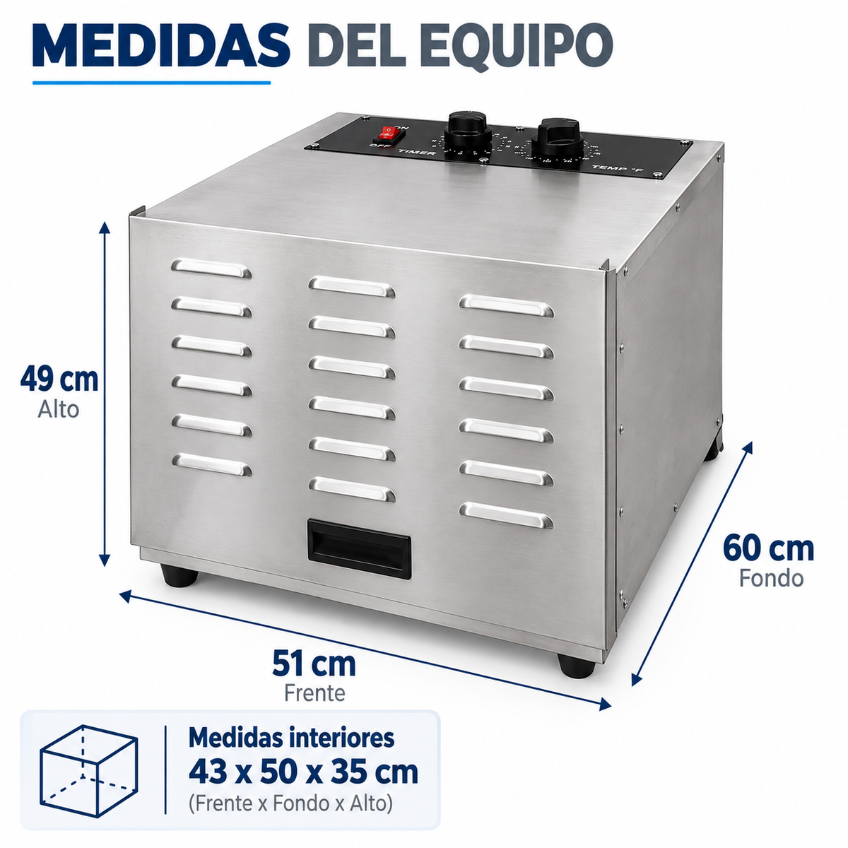 Medidas del deshidratador de alimentos MIGSA FD-1: 51 x 60 x 49 cm
