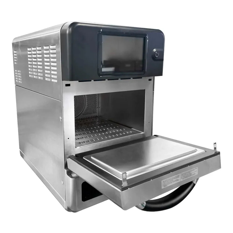 Horno de alta velocidad MIGSA FlashChef G1 de triple acción, acero inoxidable, puerta abierta y pantalla táctil