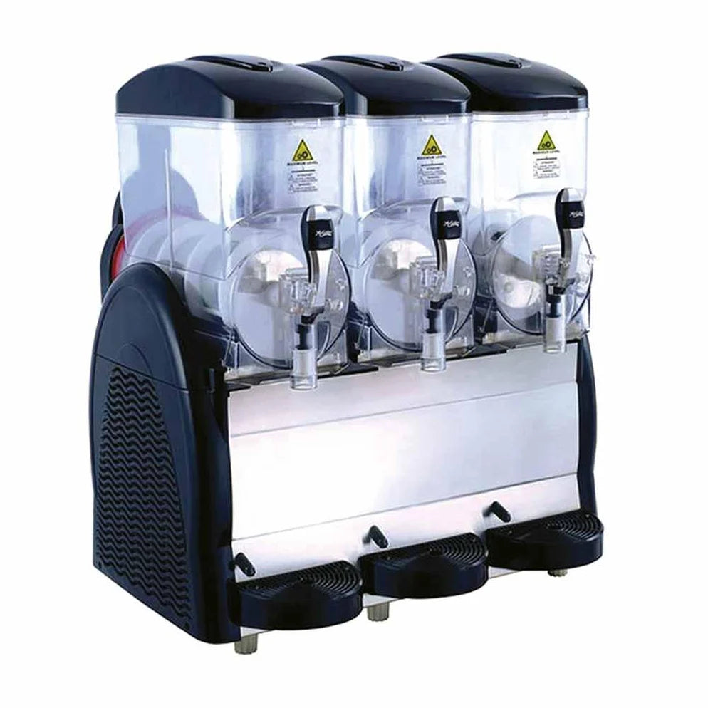 Granizadora comercial MIGSA MY GRANITA-3S con tres tazones transparentes de 12 litros cada uno y gabinete negro de acero inoxidable