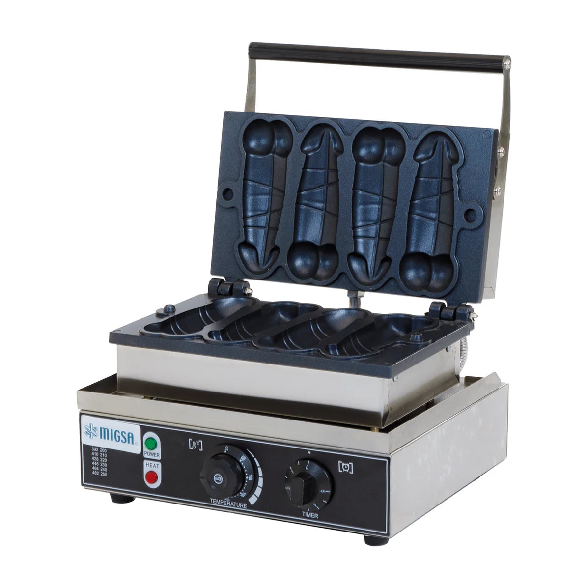 Wafflera eléctrica MIGSA WDR-4 abierta, cuatro cavidades en forma de pene