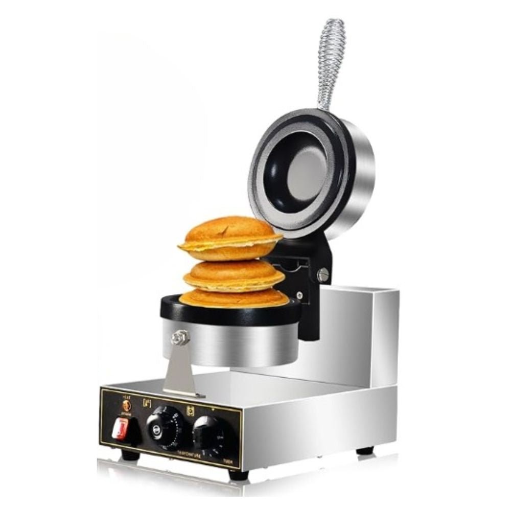Wafflera eléctrica MIGSA WTB-1 de una placa tipo platillo para preparar UFO Burger y postres rellenos, fondo blanco