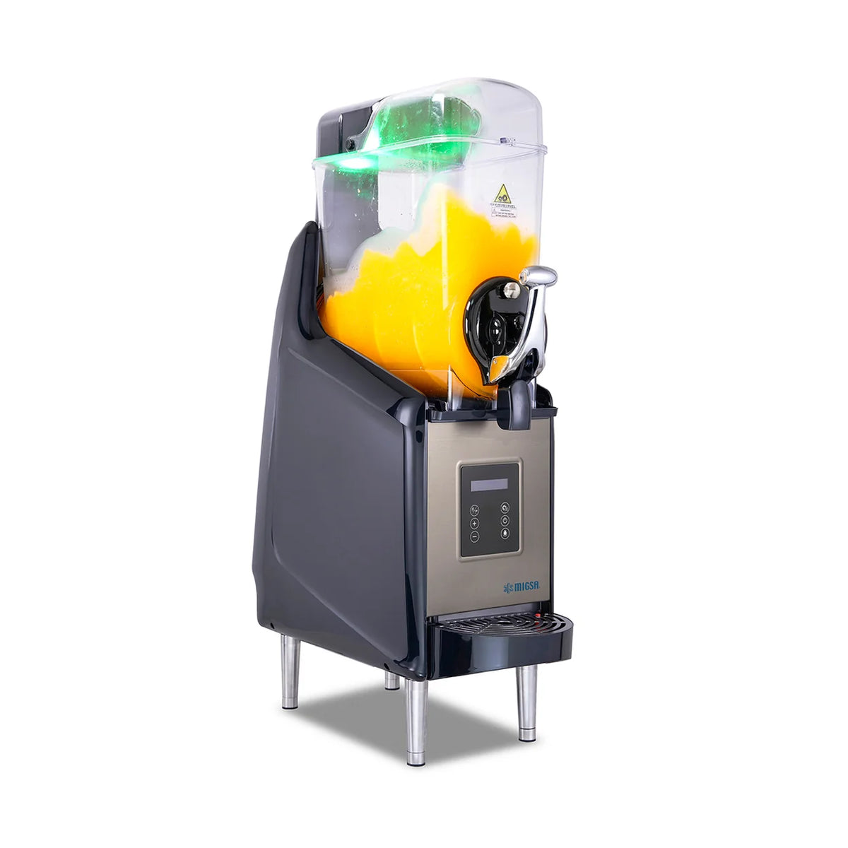Granizadora MIGSA X-I de 12 litros con un tazón transparente, luz multicolor y panel de control