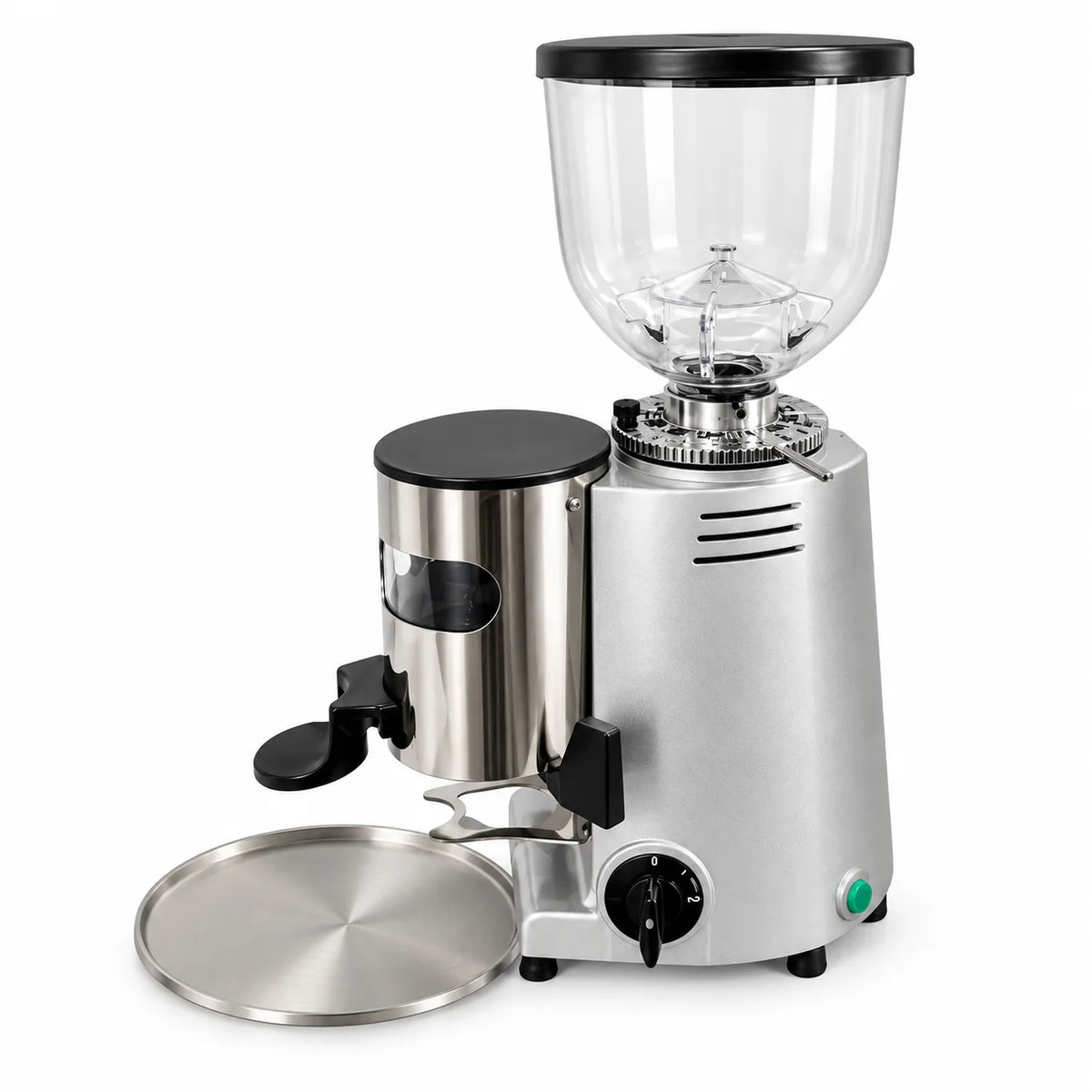 Ilustración lateral del molino automático para espresso Magister M13AV1 con dosificador y bandeja de apoyo