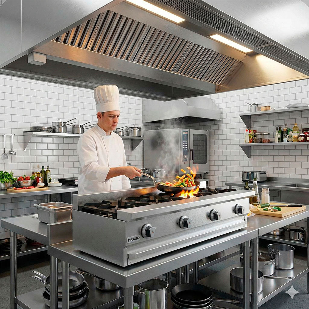 Chef cocinando en *parrilla para cocina de gas* Drago *CG-40 Slim* de *4 quemadores* en cocina industrial