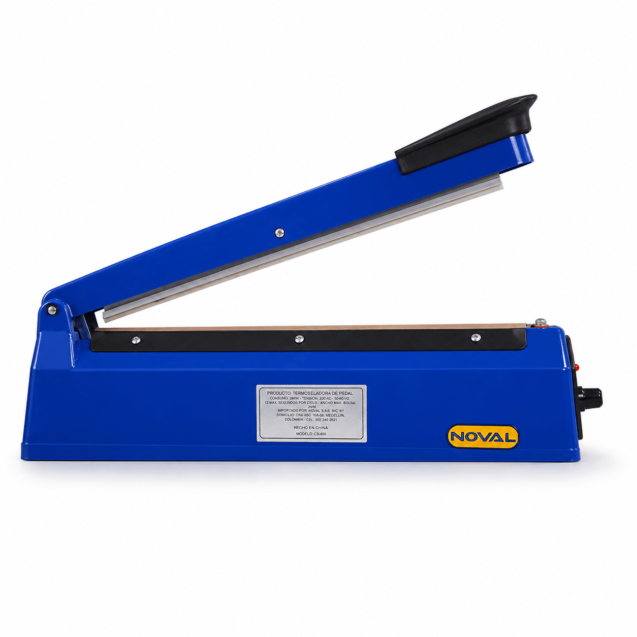 Selladora de plástico Noval PS-200 vista lateral con cable de corriente y barra de sellado