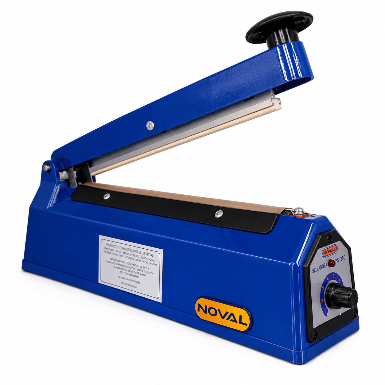 Selladora de bolsas Noval PS-200 azul vista frontal con palanca abierta y control manual