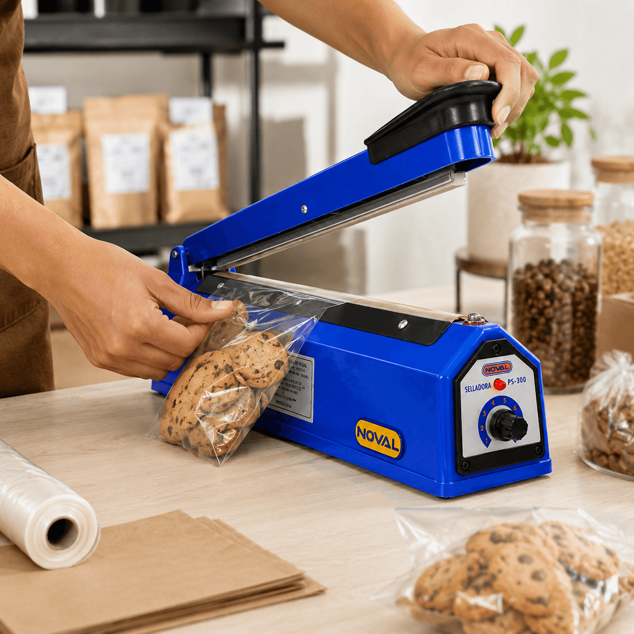 Selladora de bolsas Noval PS-300 en uso para sellar bolsa con galletas en negocio de alimentos