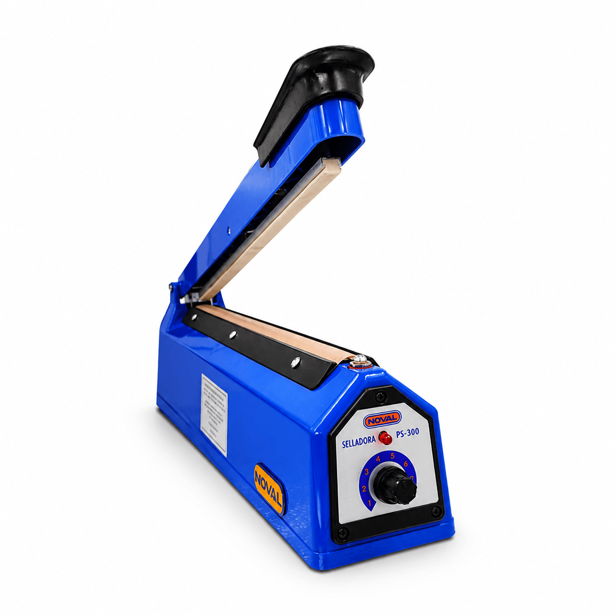 Selladora de bolsas Noval PS-300 azul de 30 cm vista frontal con palanca abierta