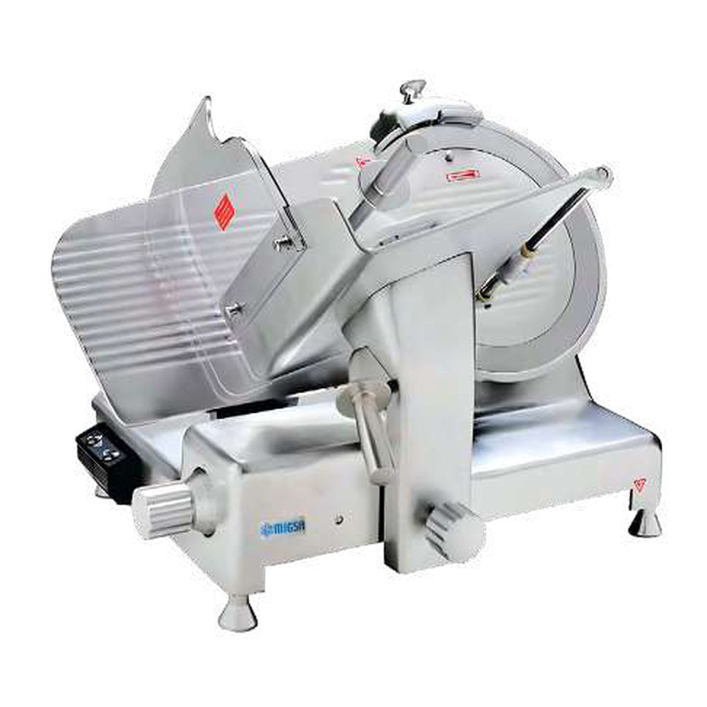Rebanadora de carnes frías MIGSA HBS350L con cuchilla de 35 cm y estructura de aluminio anodizado, fotografía oficial en fondo blanco