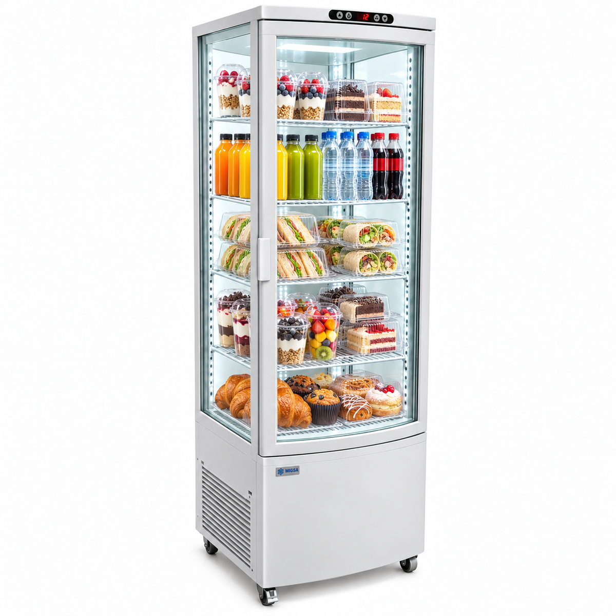 Refrigerador panorámico MIGSA RT-235L con productos refrigerados en exhibición