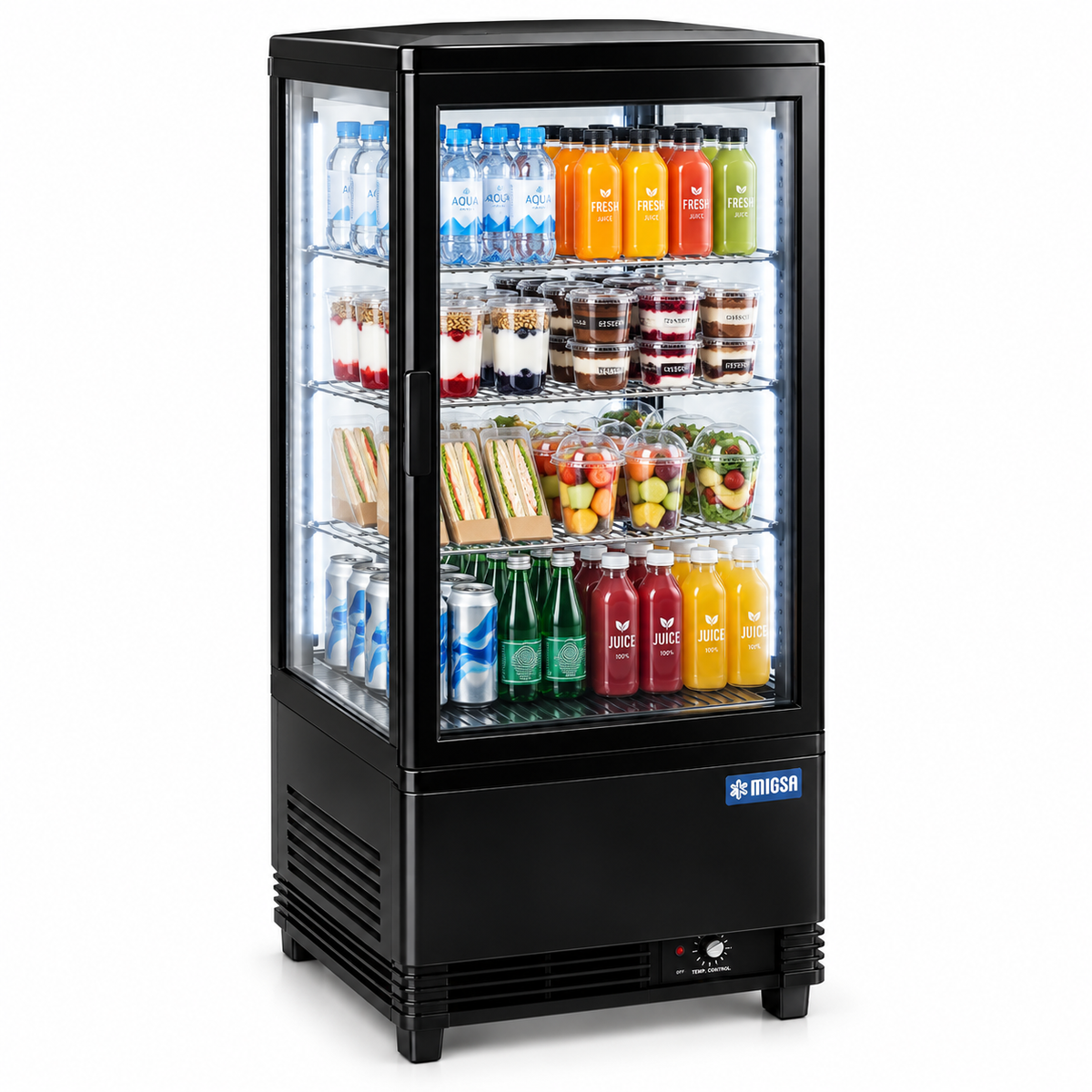 Refrigerador panorámico MIGSA RT-78L con bebidas y alimentos refrigerados