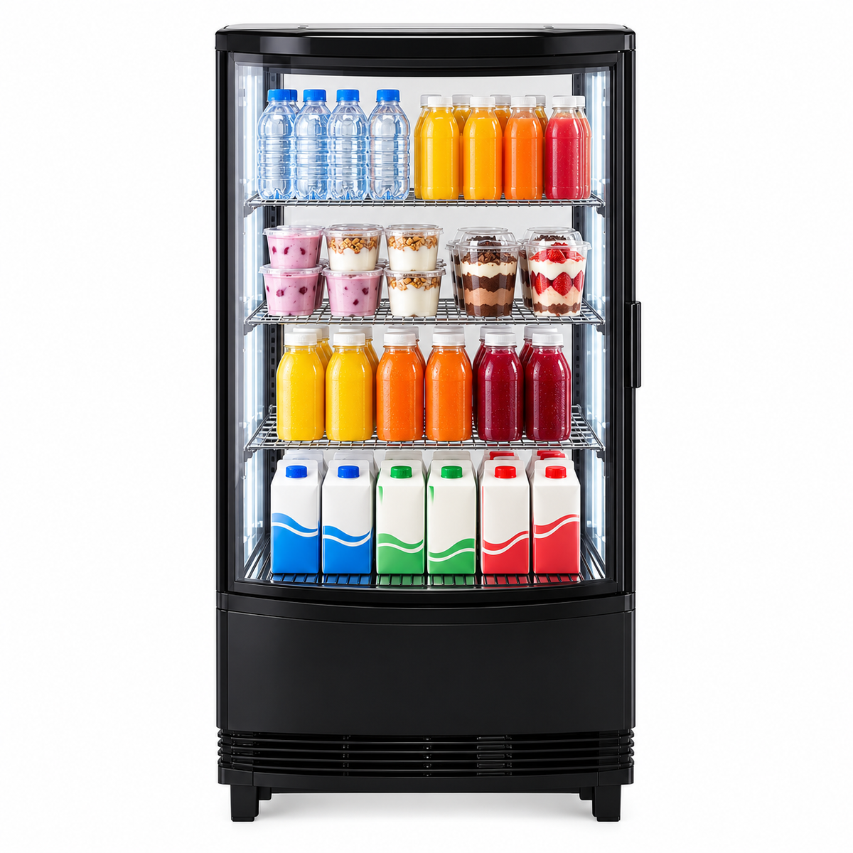Refrigerador panorámico MIGSA RT-78L1R con bebidas y alimentos refrigerados