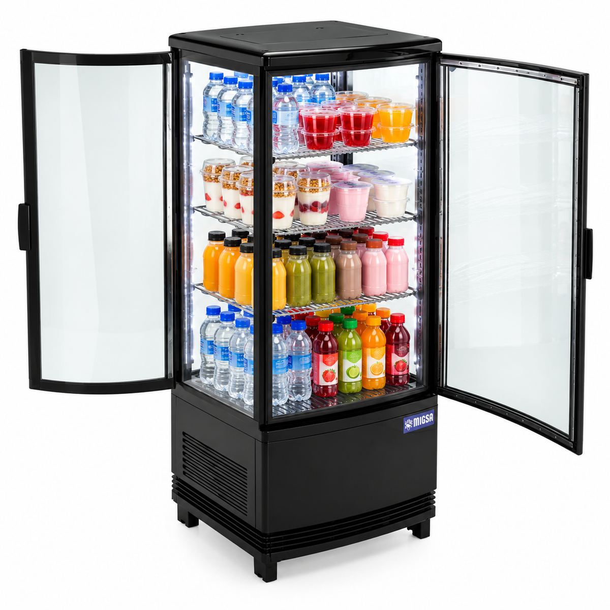 Refrigerador panorámico MIGSA RT-78L2R con bebidas y postres refrigerados