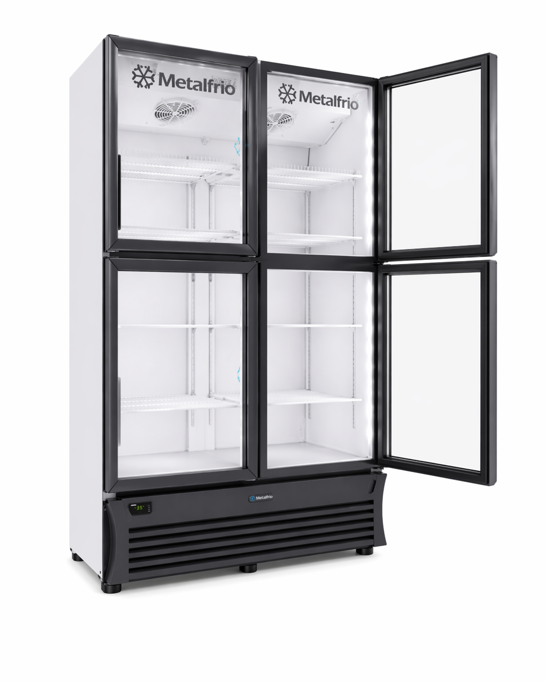 Refrigerador vertical Metalfrio RB804 de 4 puertas con puertas abiertas e interior iluminado
