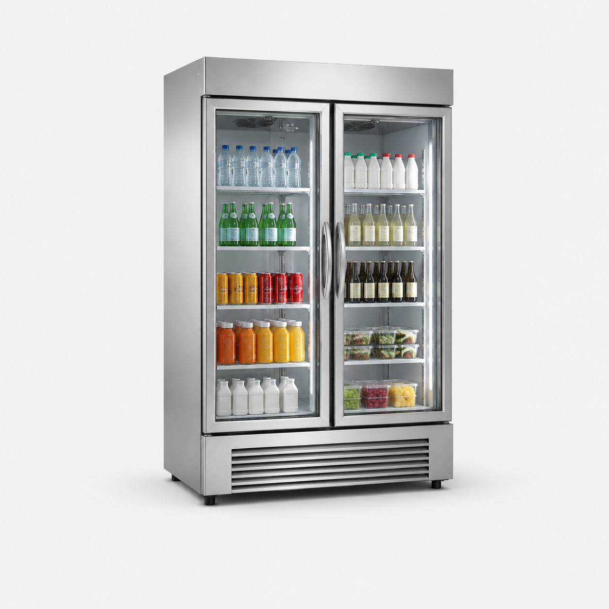 Refrigerador vertical comercial de dos puertas de cristal para bebidas y alimentos