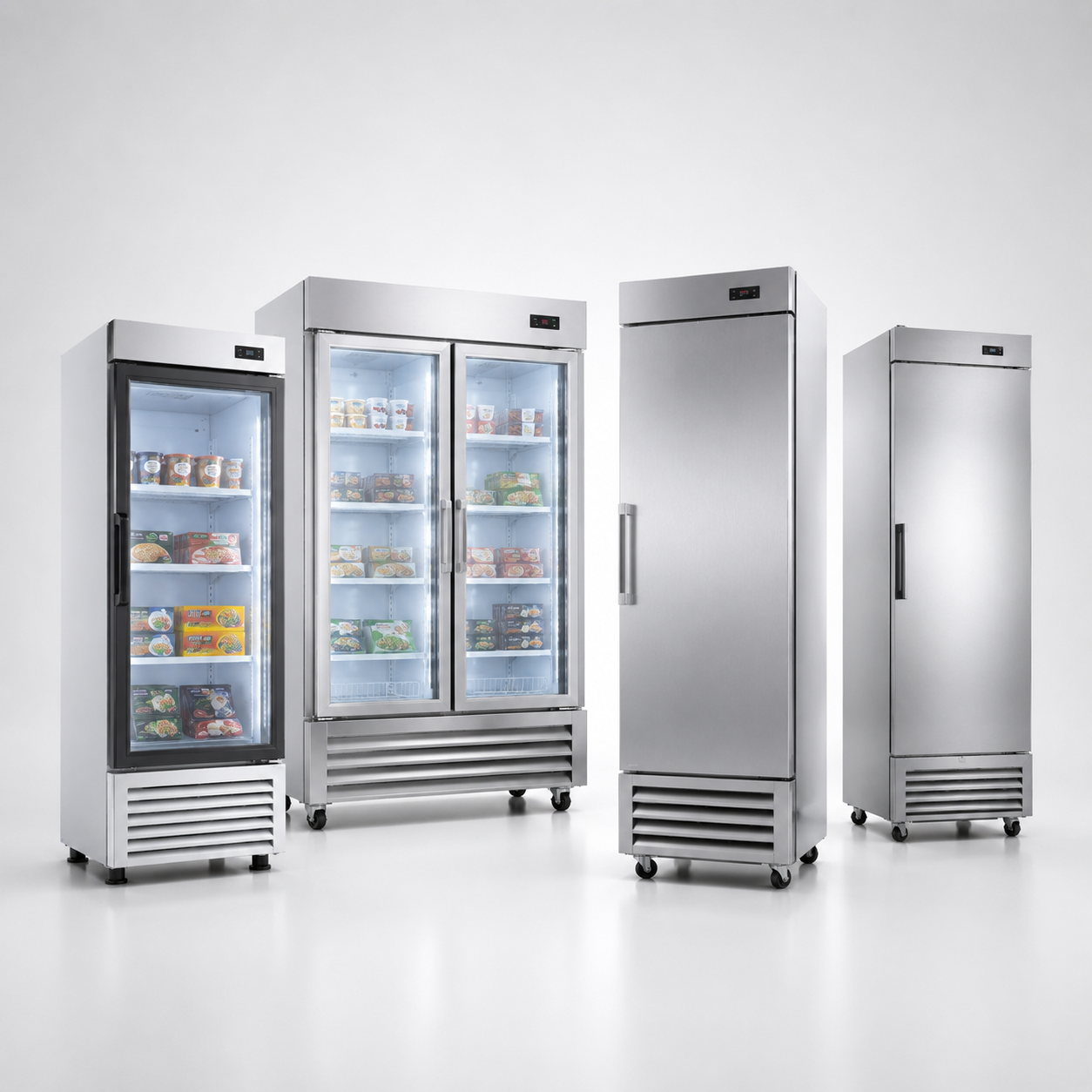 Congeladores verticales industriales con puertas sólidas y de cristal para conservar productos congelados en negocios de alimentos.