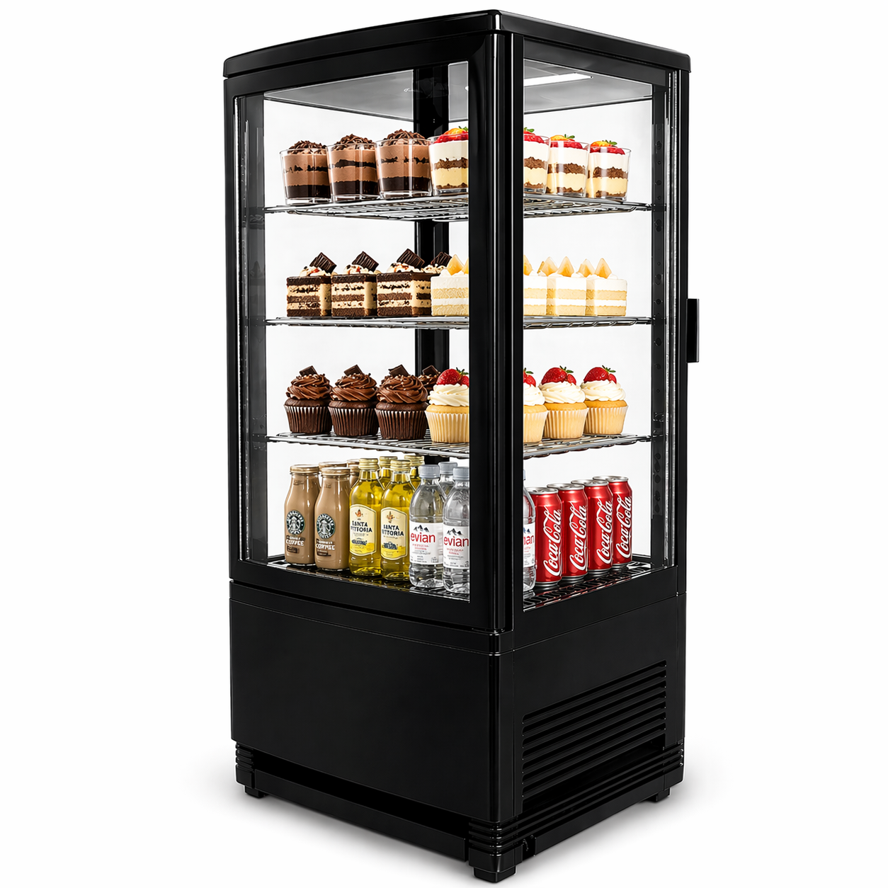 Refrigerador panorámico Migsa RT-78L2R exhibiendo postres, bebidas y productos refrigerados.