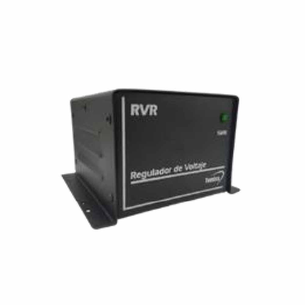 Regulador de voltaje MIGSA TMRVR750P de 750 W (RVR-750P), gabinete negro con indicador frontal, vista tres cuartos sobre blanco