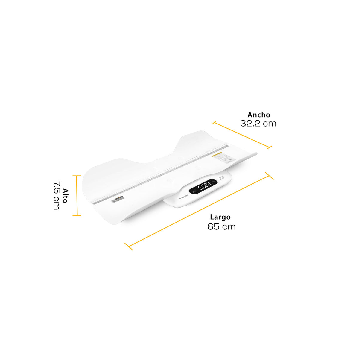 Infografía de dimensiones RHINO BABEPE-180: 65 cm largo, 32.2 cm ancho y 7.5 cm alto.