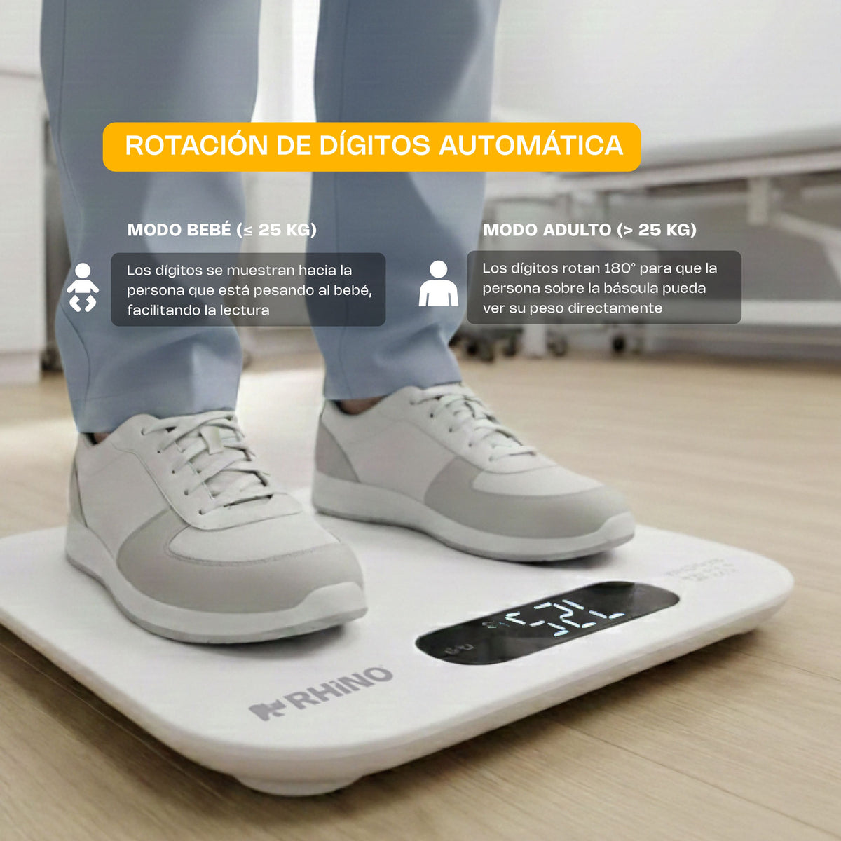 Pantalla de RHINO BABEPE-180 con orientación automática para lectura de adultos.