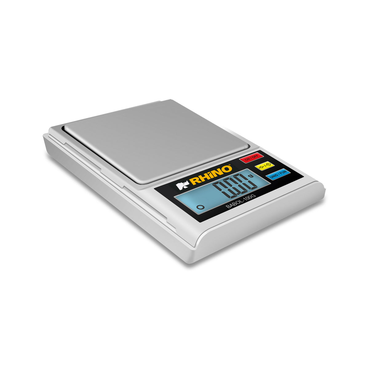 Vista adicional de balanza digital de precisión RHINO BABOL-100G, plato inoxidable y pantalla frontal.