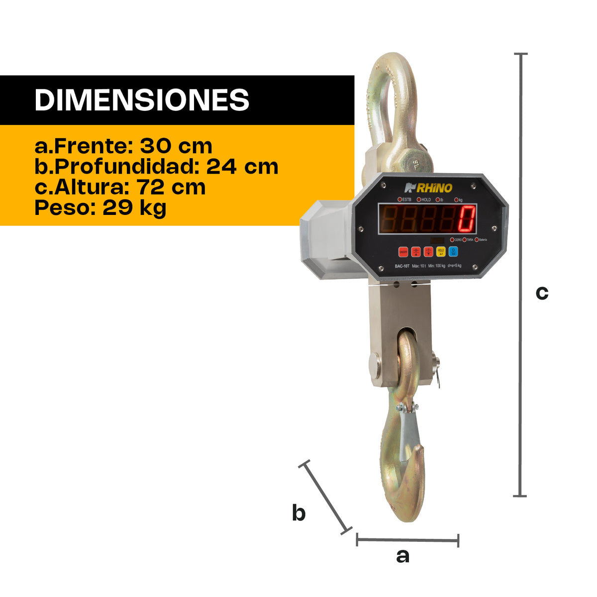 Dimensiones verificadas de báscula Rhino BAC-10T: 30 cm ancho, 24 cm profundidad, 72 cm alto y peso 29 kg