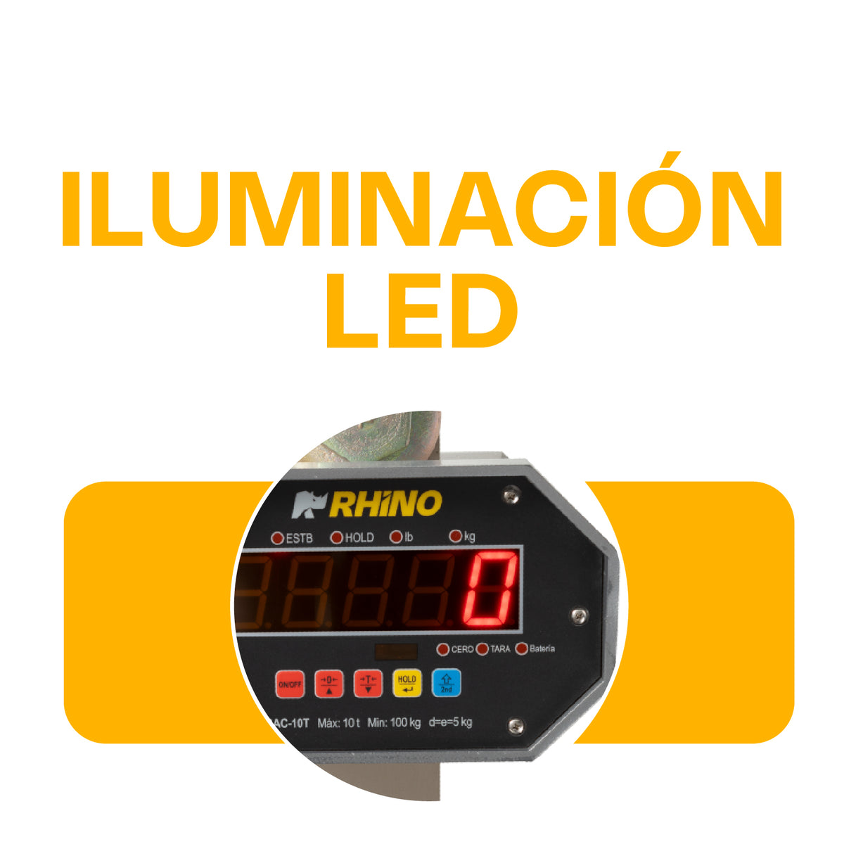 Detalle de pantalla LED iluminada del equipo Rhino BAC-10T de 10 toneladas