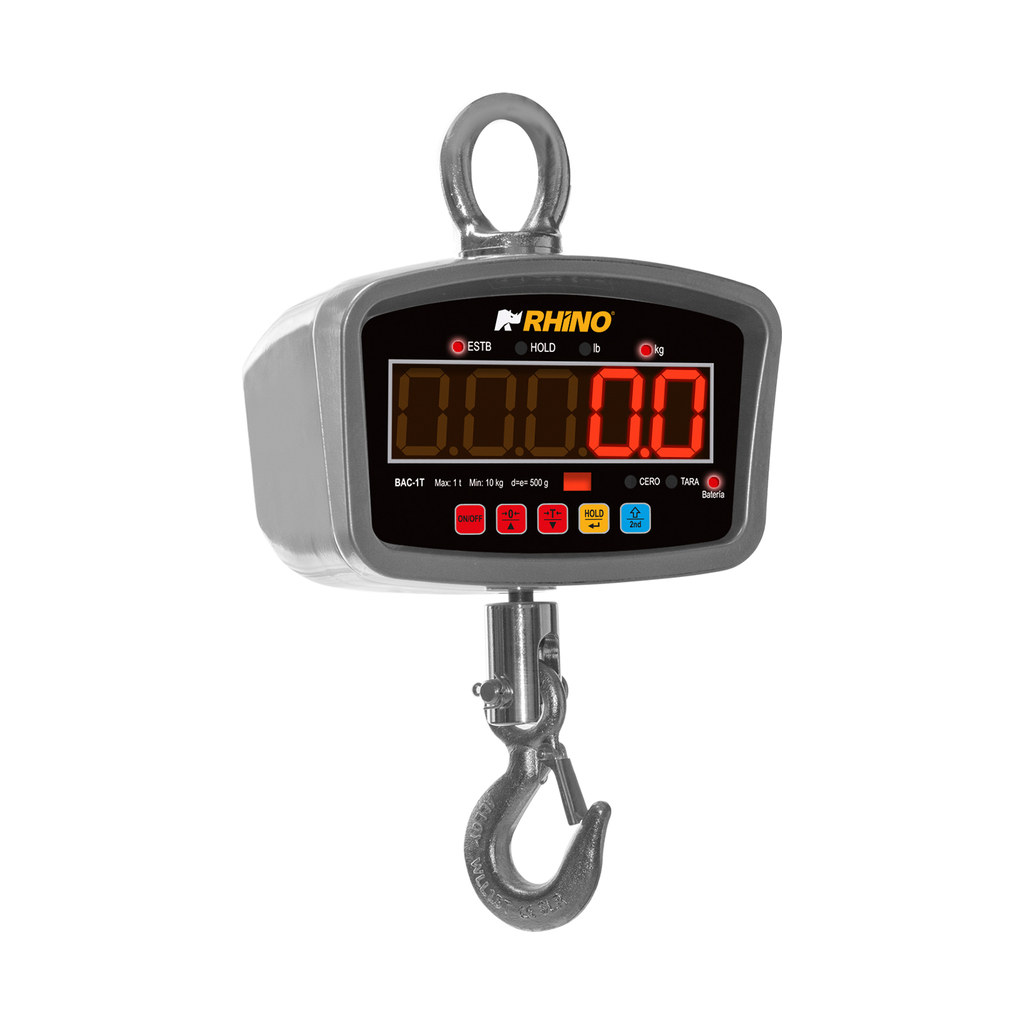 Báscula electrónica colgante Rhino BAC-1T de 1 tonelada, con argolla, carcasa de aluminio, pantalla LED y gancho, vista completa