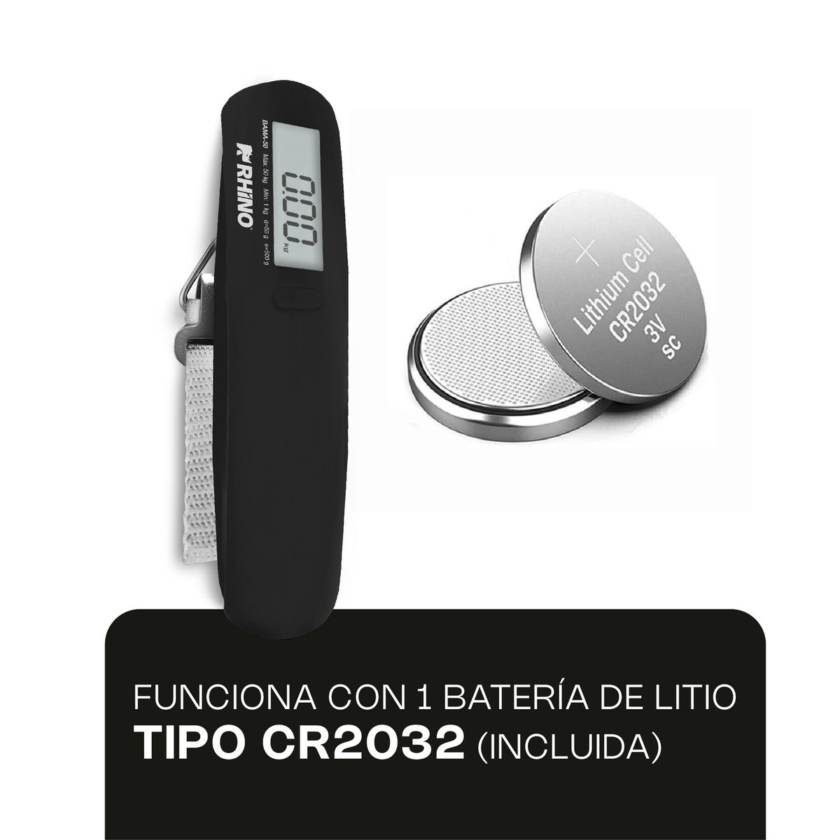 Alimentación de RHINO BAMA-50 con batería de litio CR2032 incluida.