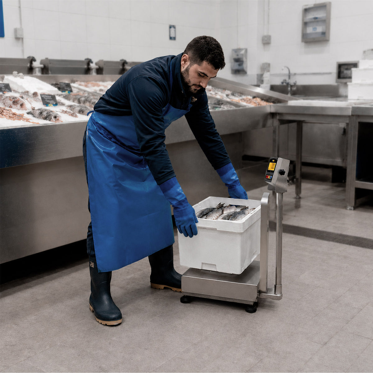 Báscula RHINO BAPAG-200 en entorno de alimentos, ejemplo de pesaje