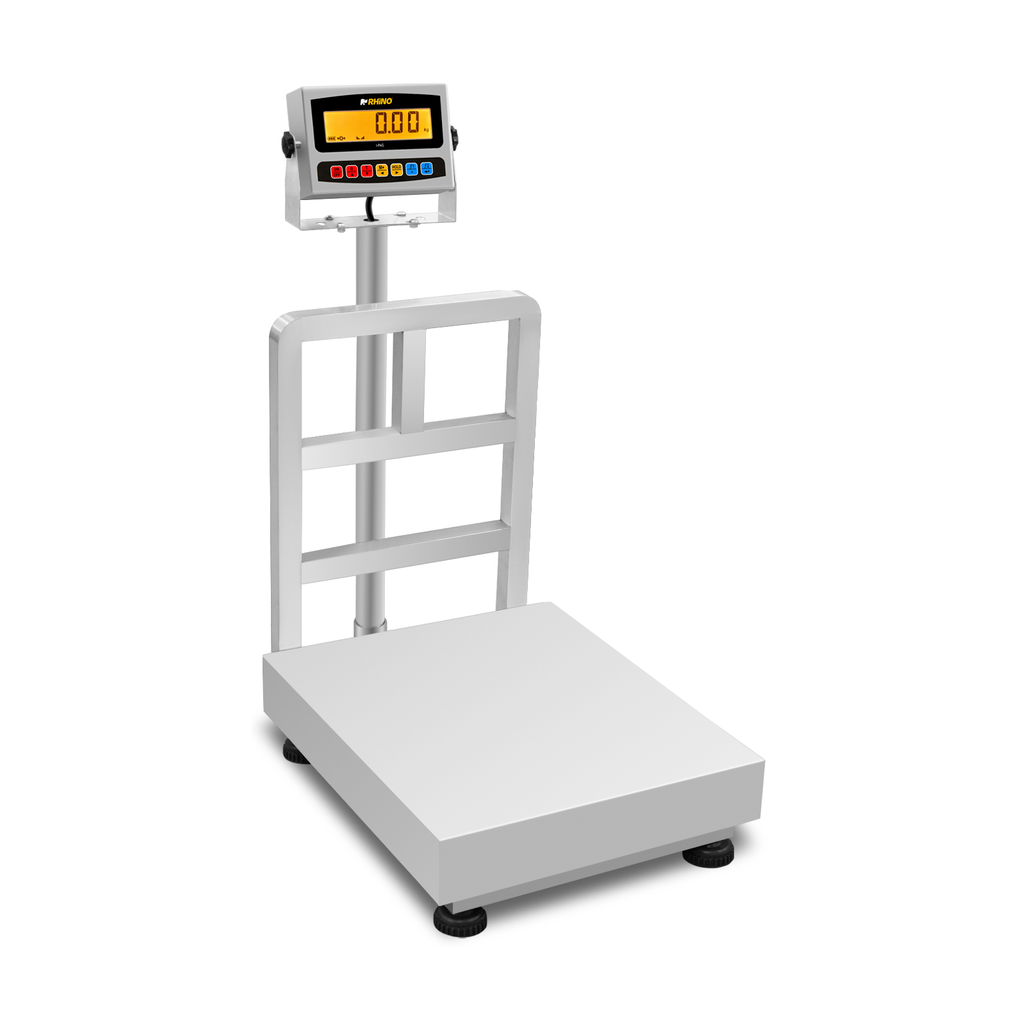 Báscula RHINO BAPAG-200 de plataforma de acero inoxidable con indicador LCD resistente al agua, vista diagonal completa