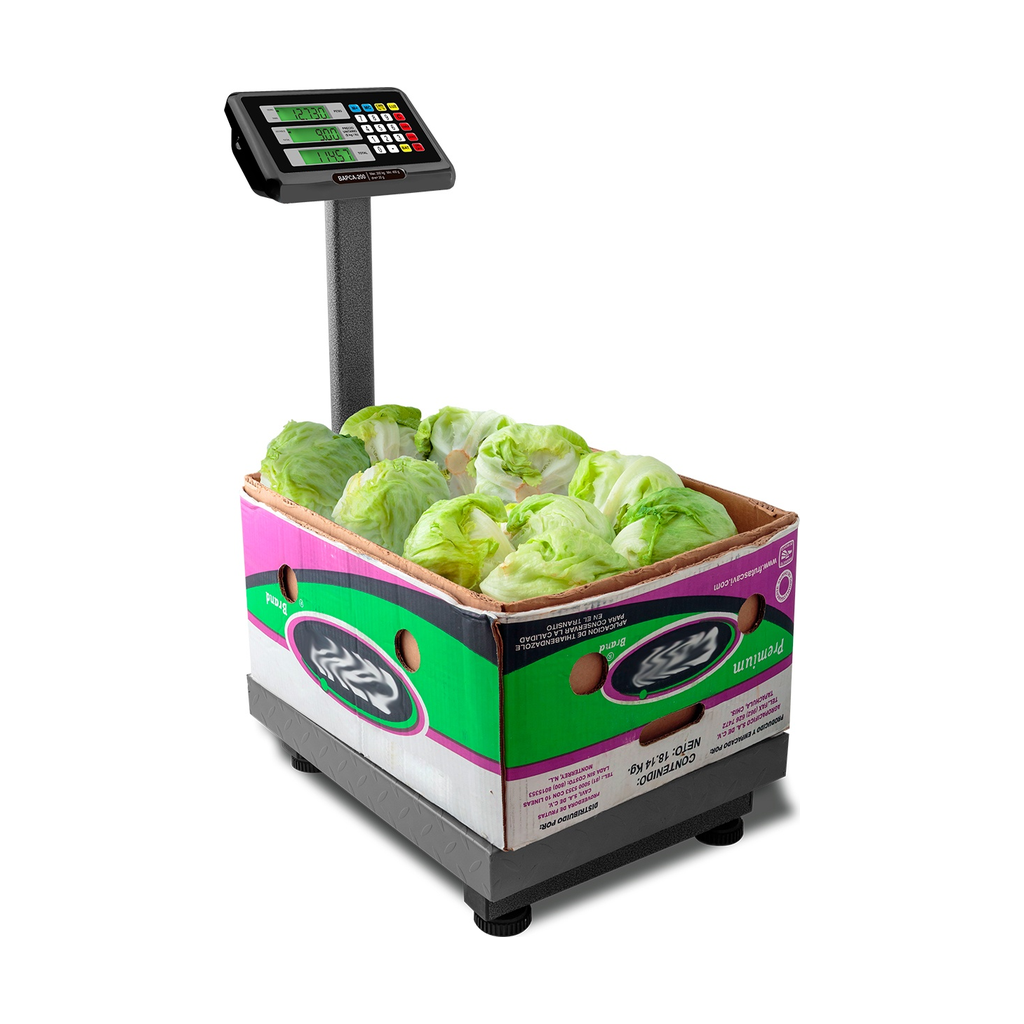 Báscula de plataforma RHINO BAPCA-200 de 200 kg con mercancía en la plataforma, indicador de acero y pantalla LCD doble, portada