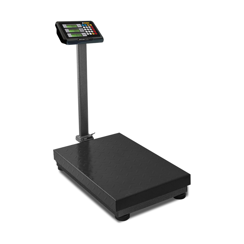 Báscula de plataforma RHINO BAPCA-500 de 500 kg con plato negro de acero al carbono y pantalla doble, vista completa