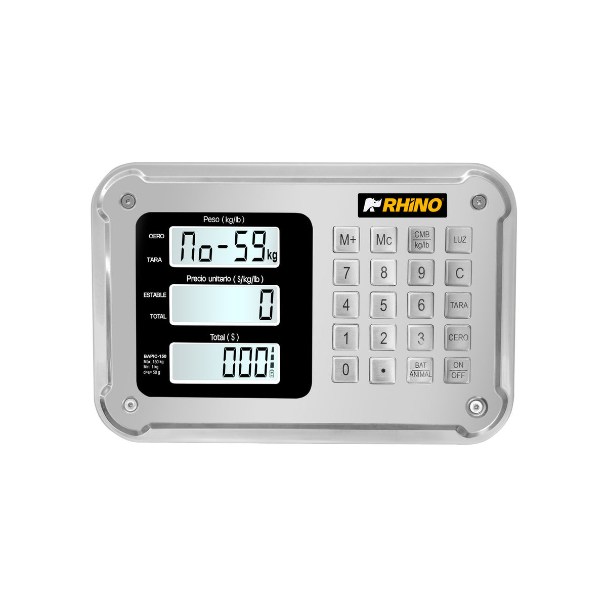 Indicador inalámbrico de la báscula RHINO BAPIC-150 con teclado y pantalla de peso, precio y total