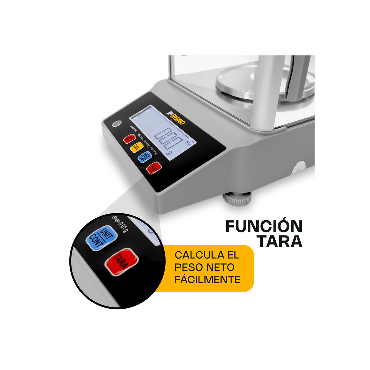 Detalle del teclado y función tara de báscula de precisión RHINO BAPRE-600