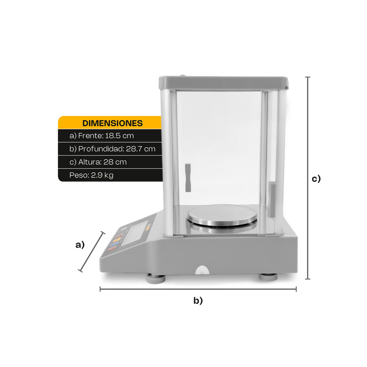 Diagrama de dimensiones RHINO BAPRE-600: 18.5 cm ancho, 28.7 cm profundidad y 28 cm alto