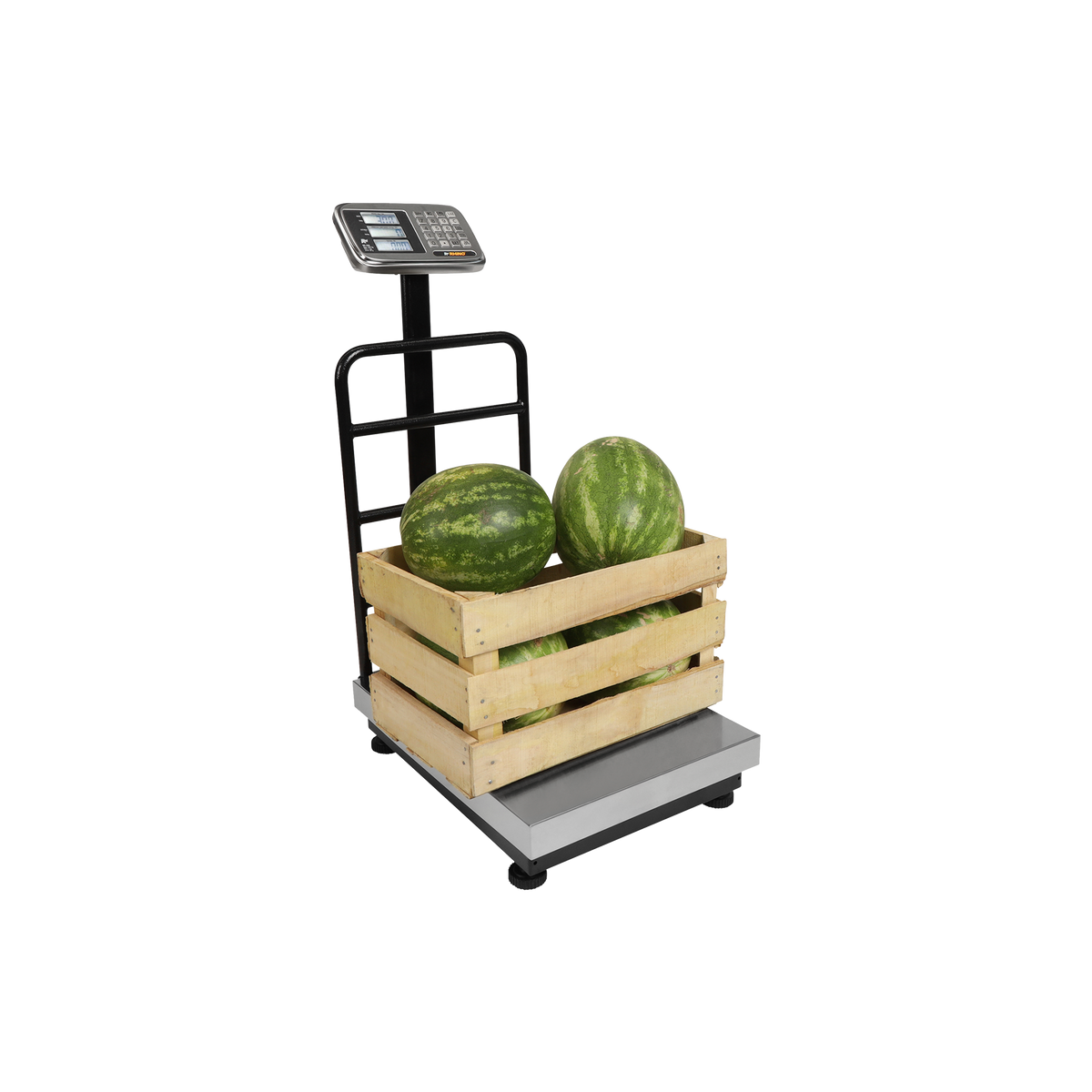 Báscula RHINO BP-500 con caja de mercancías sobre plataforma como ejemplo de uso