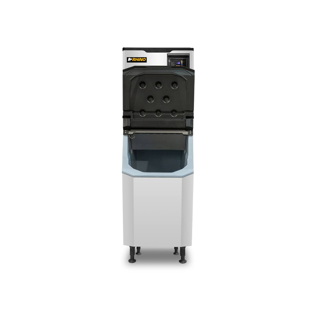 Fábrica de hielo Rhino FAHIEL-160 con depósito integrado y tapa abierta, vista frontal