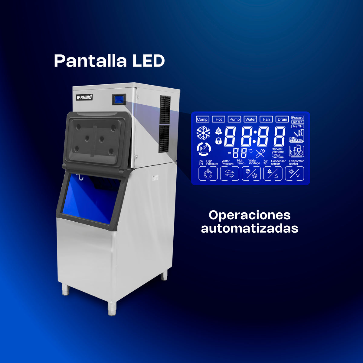 Fábrica de hielo RHINO FAHIEL-200 con panel LED para funciones automáticas