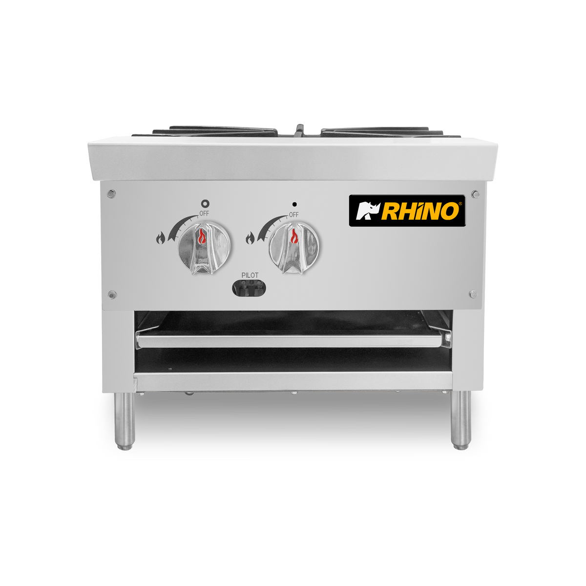Fogón RHINO FOGA-1Q vista frontal con perillas de gas y estructura inoxidable