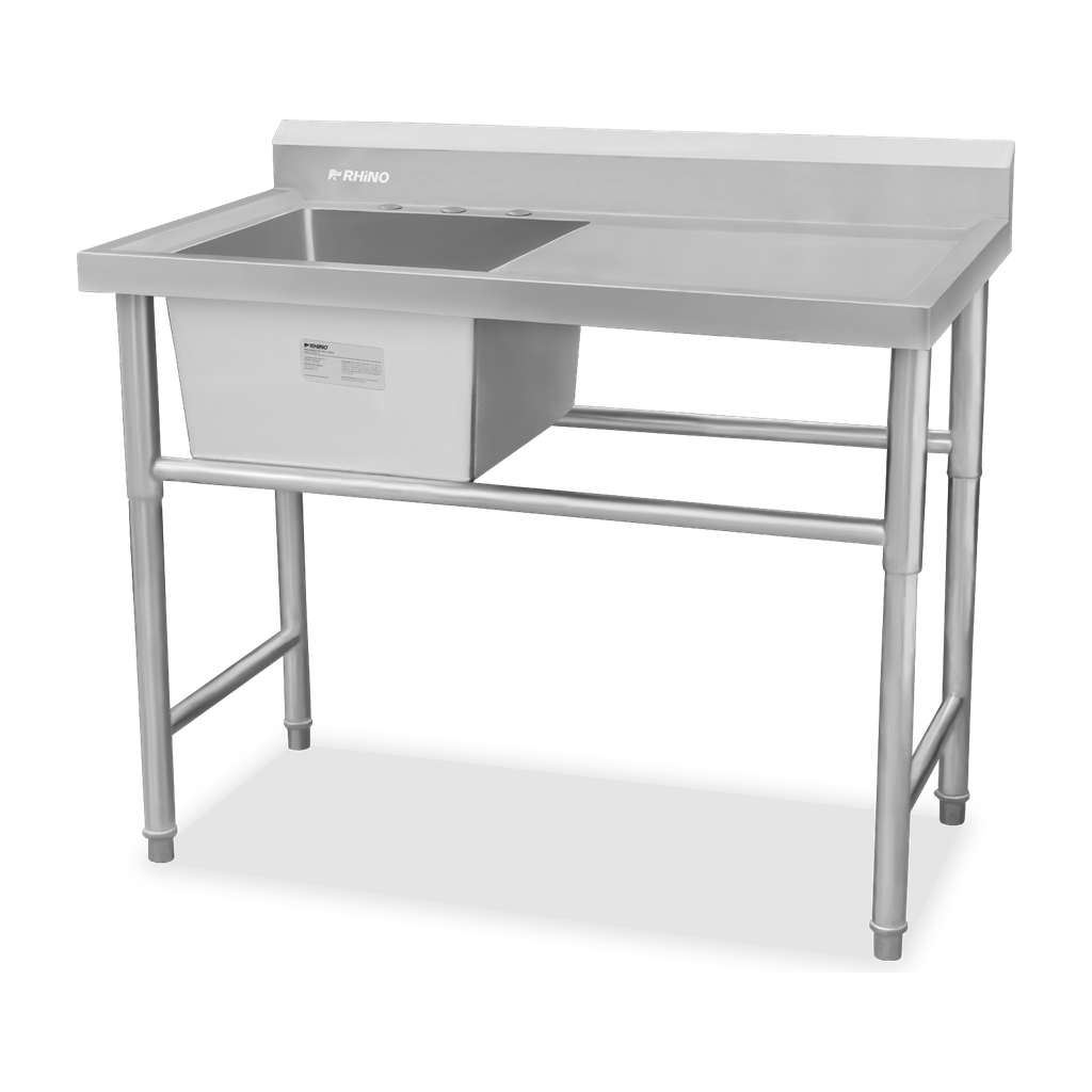 Fregadero industrial RHINO FREGA-1T con una tarja de 50 litros, mesa lateral y patas niveladoras, vista diagonal completa